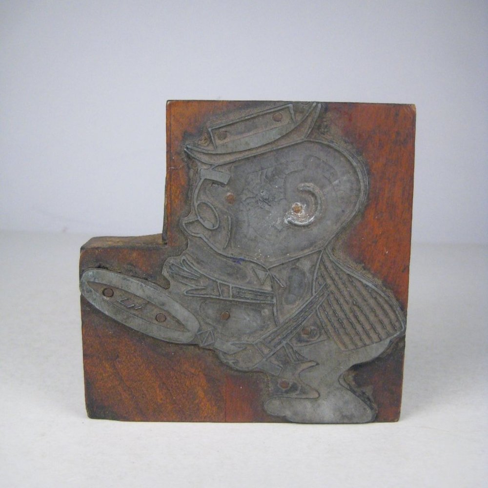 Vintage Metal Wood Letterpress Print Block Stamp Person Magnifying Glass Detecti
